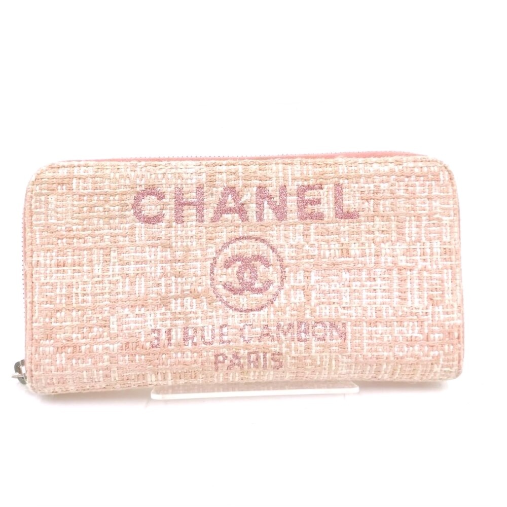 CHANEL Pink Tweed Deauville Long Zippy Wallet